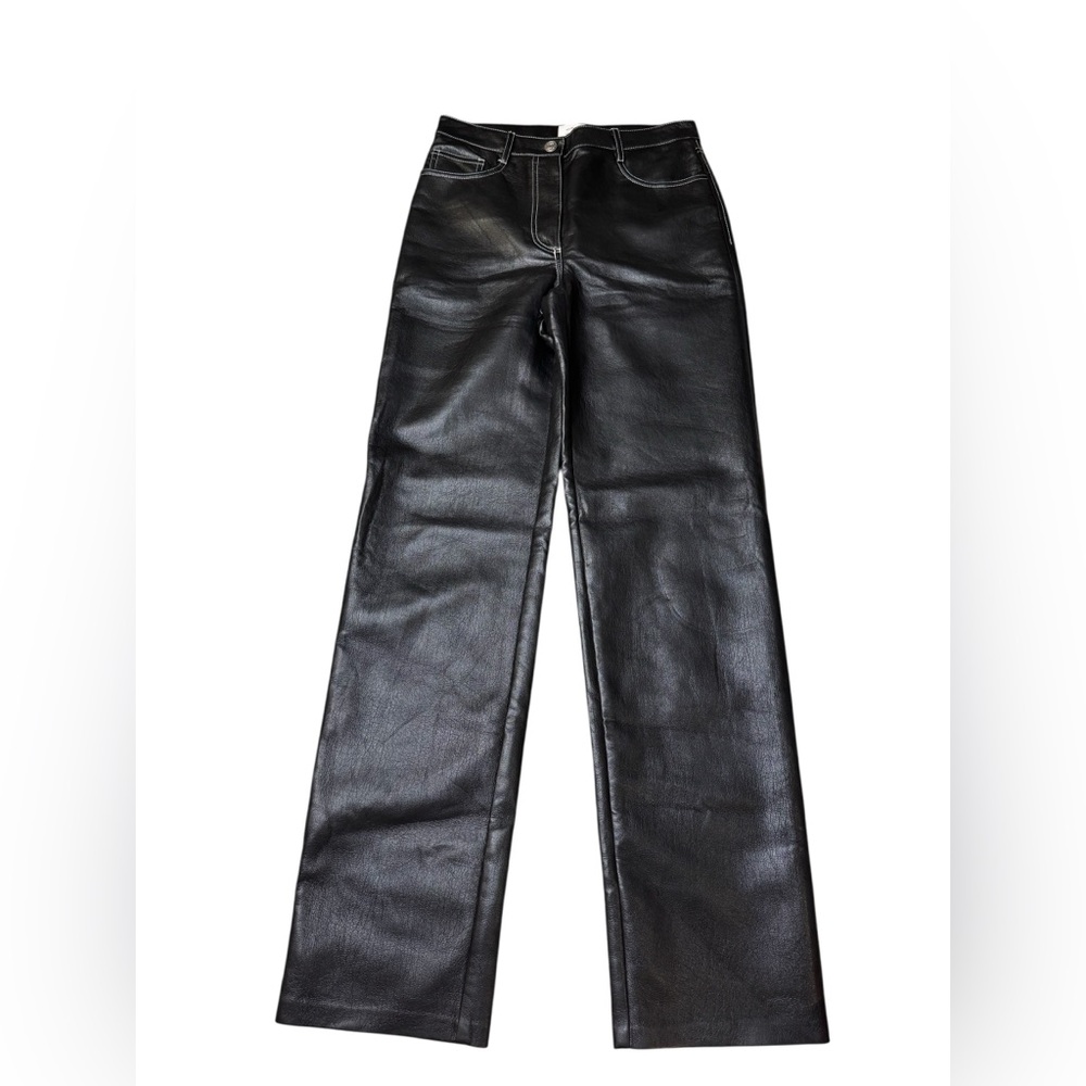 ✨🖤 Wilfred Aritzia Melina Faux Leather Pants Black High Rise White Stitching 4 🖤